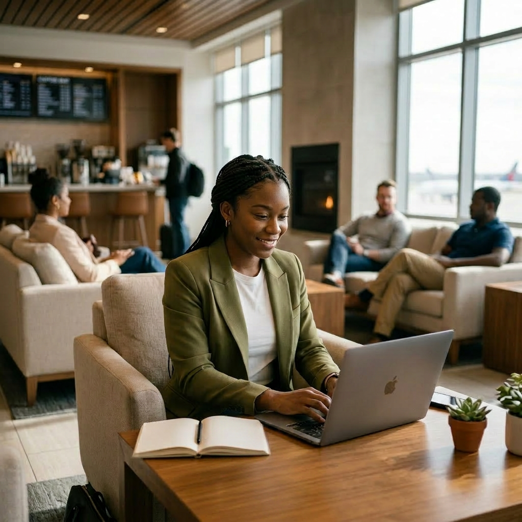 Woman using laptop in airport lounge seating area with coffee mug and notebook